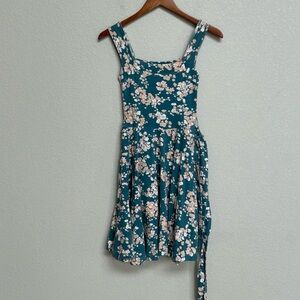 Effie’s Heart Floral Fit & Flare Dress Tie Waist Teal Blush & White Print XS